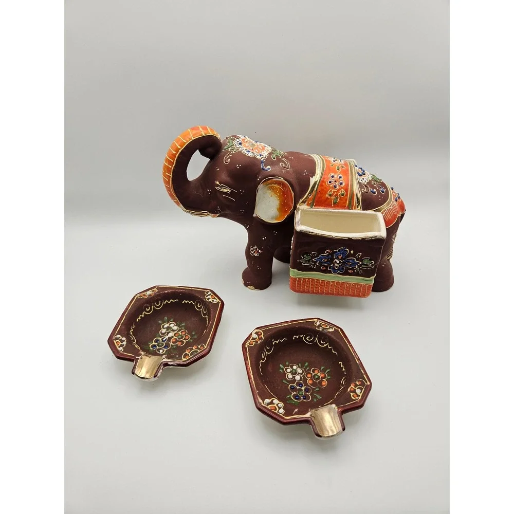 Vintage 1920s Japanese Satsuma Moriage Elephant Ashtray and Cigarette Holder Set
